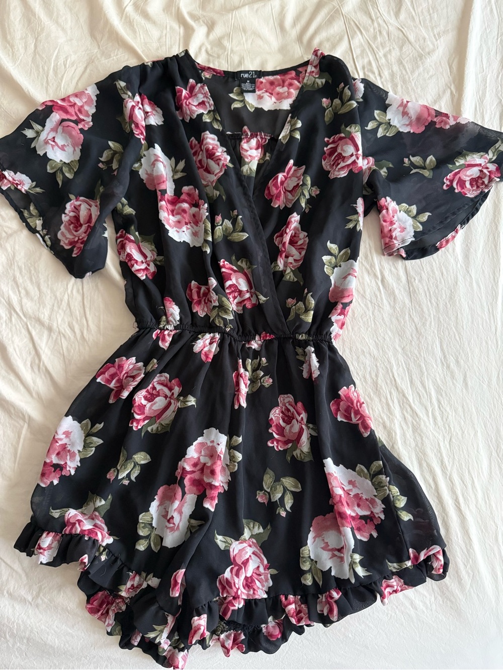 Rue21 Black Romper with Pink Floral Print